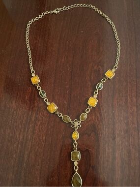 Vintage Gold-Tone Floral Drop Necklace with Amber and Brown Stones retro